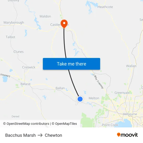 Bacchus Marsh to Chewton map