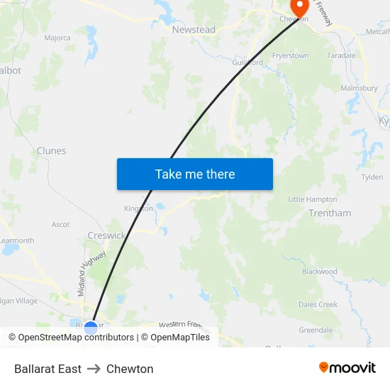 Ballarat East to Chewton map
