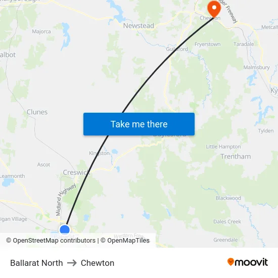 Ballarat North to Chewton map