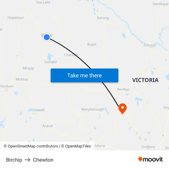 Birchip to Chewton map