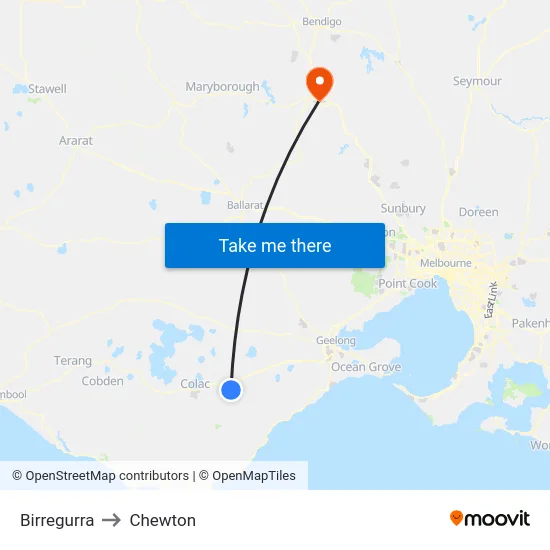 Birregurra to Chewton map