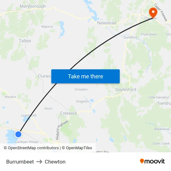 Burrumbeet to Chewton map