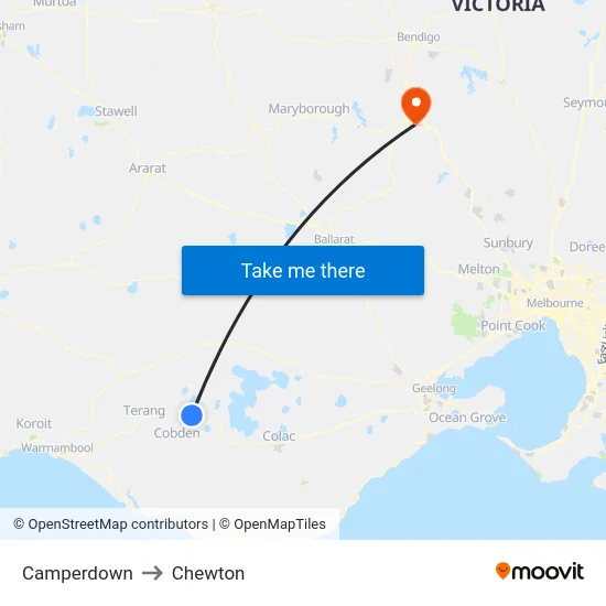 Camperdown to Chewton map
