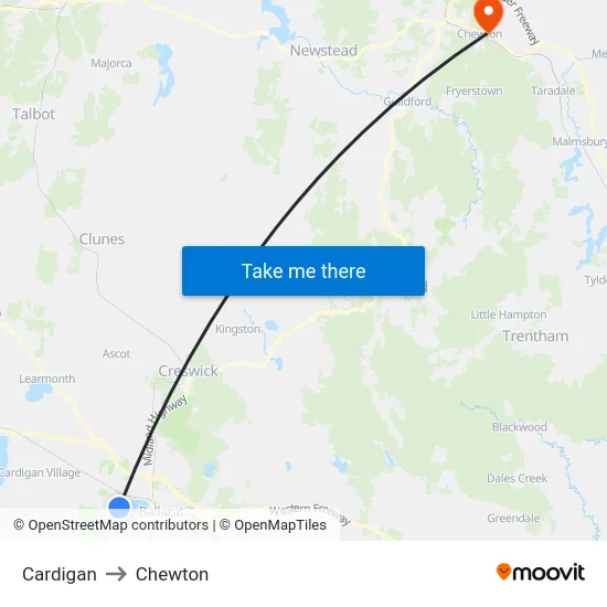 Cardigan to Chewton map