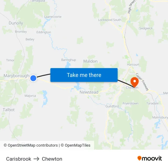 Carisbrook to Chewton map