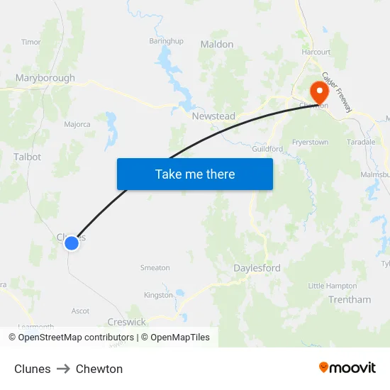 Clunes to Chewton map