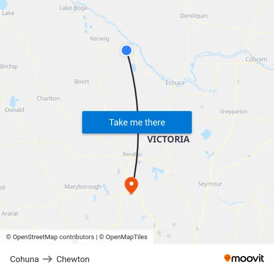 Cohuna to Chewton map