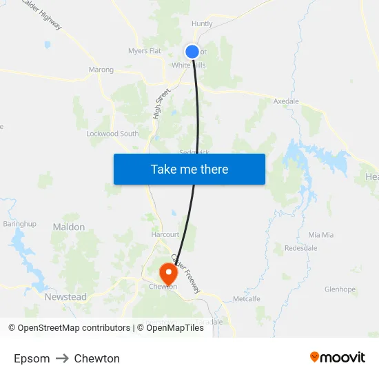 Epsom to Chewton map