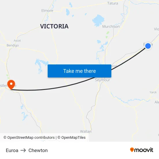 Euroa to Chewton map