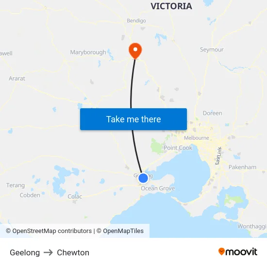 Geelong to Chewton map