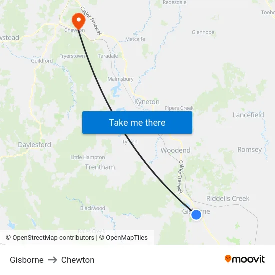 Gisborne to Chewton map