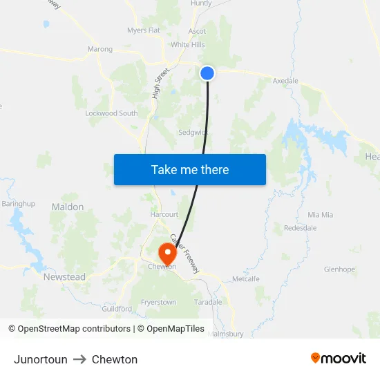 Junortoun to Chewton map
