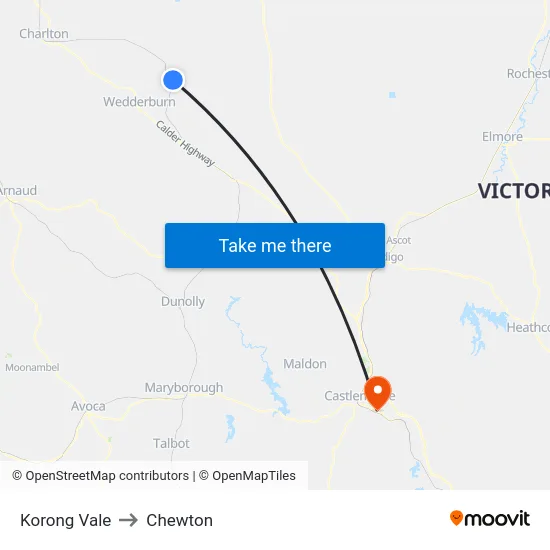 Korong Vale to Chewton map