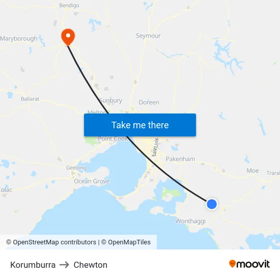 Korumburra to Chewton map