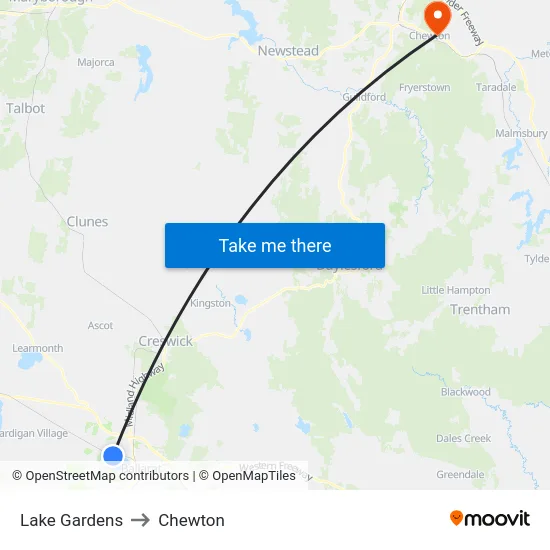 Lake Gardens to Chewton map