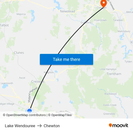 Lake Wendouree to Chewton map