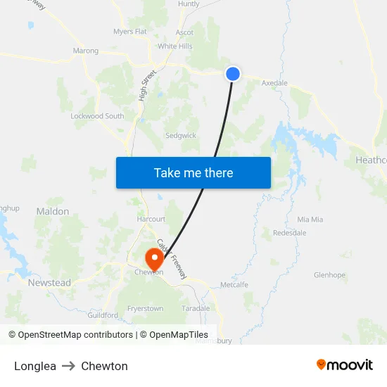 Longlea to Chewton map