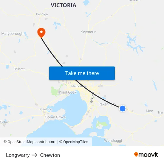 Longwarry to Chewton map