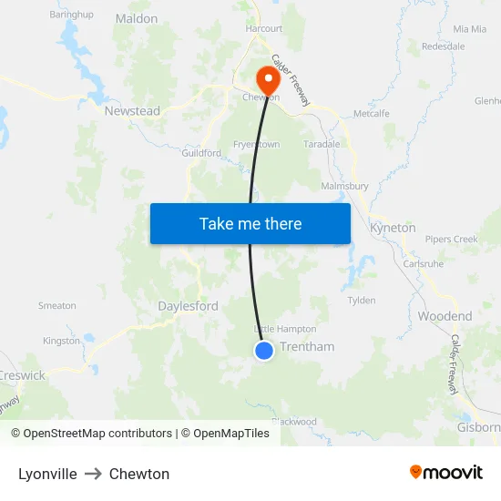 Lyonville to Chewton map