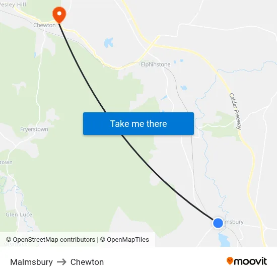 Malmsbury to Chewton map