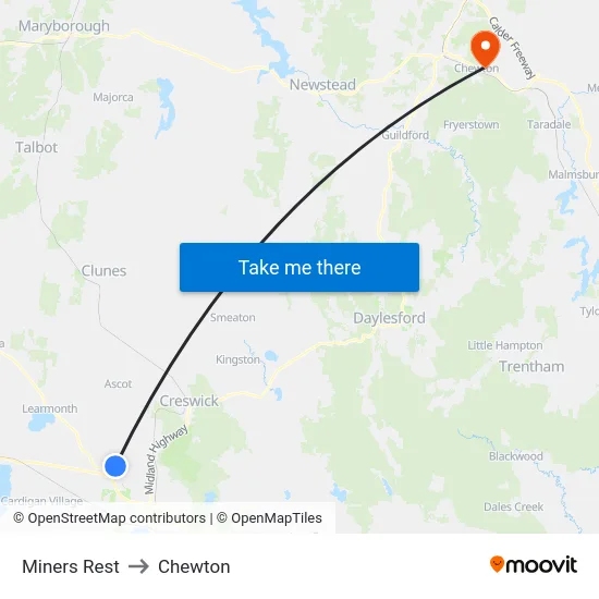 Miners Rest to Chewton map