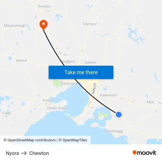 Nyora to Chewton map