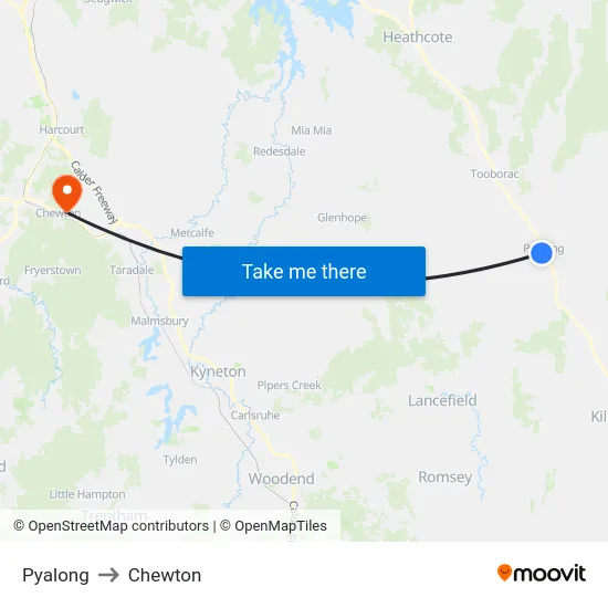 Pyalong to Chewton map