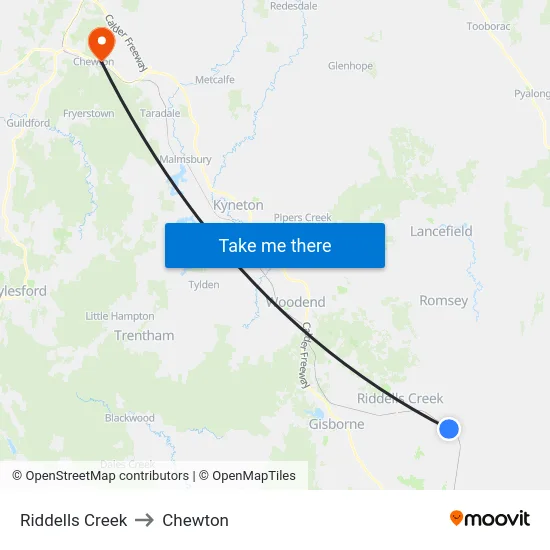 Riddells Creek to Chewton map