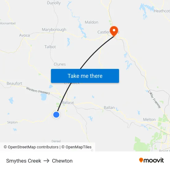 Smythes Creek to Chewton map