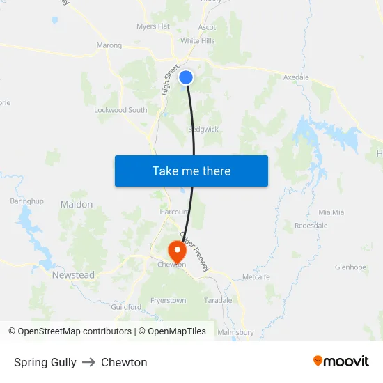 Spring Gully to Chewton map