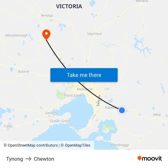 Tynong to Chewton map