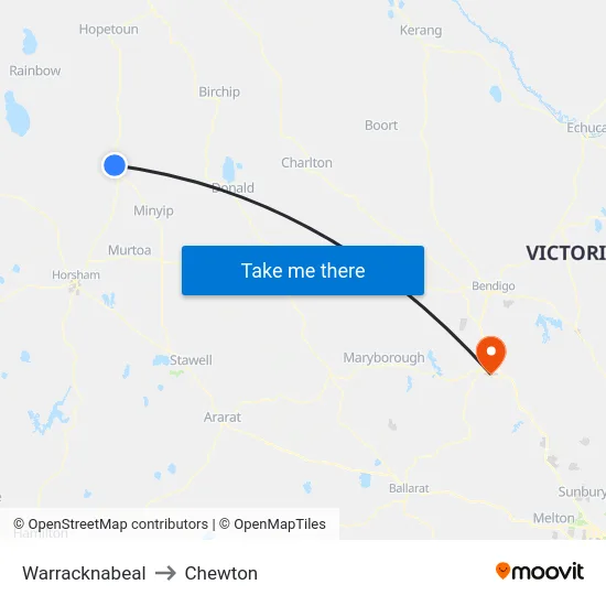 Warracknabeal to Chewton map