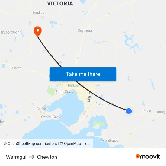 Warragul to Chewton map