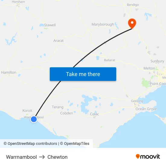 Warrnambool to Chewton map