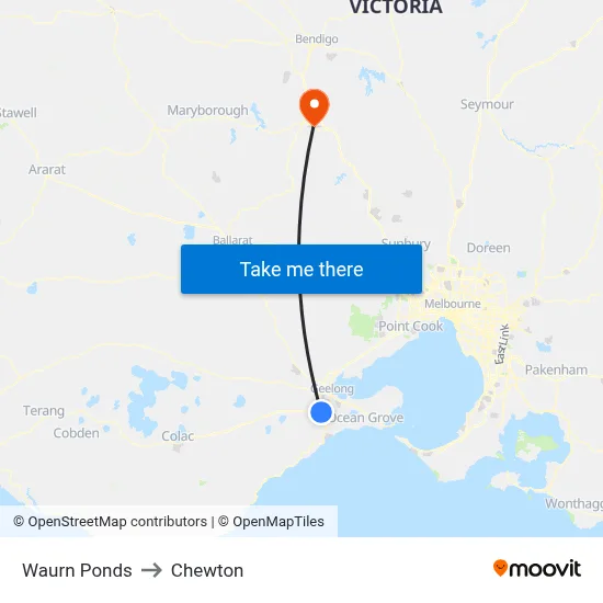 Waurn Ponds to Chewton map
