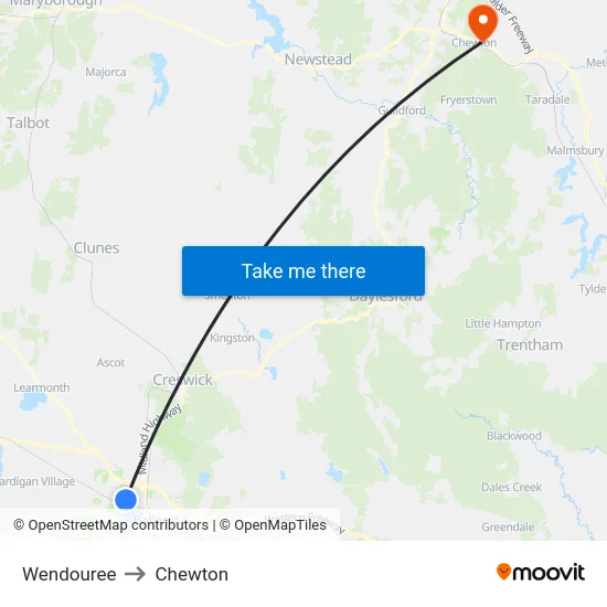 Wendouree to Chewton map