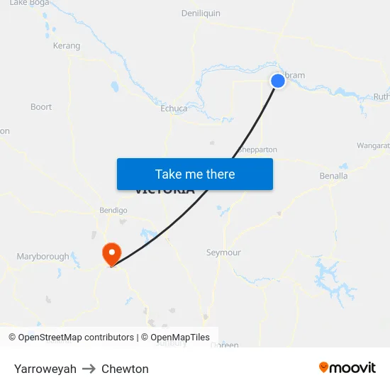 Yarroweyah to Chewton map