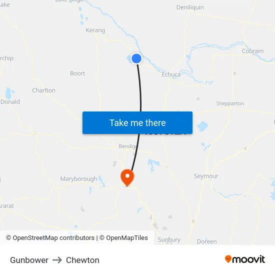 Gunbower to Chewton map