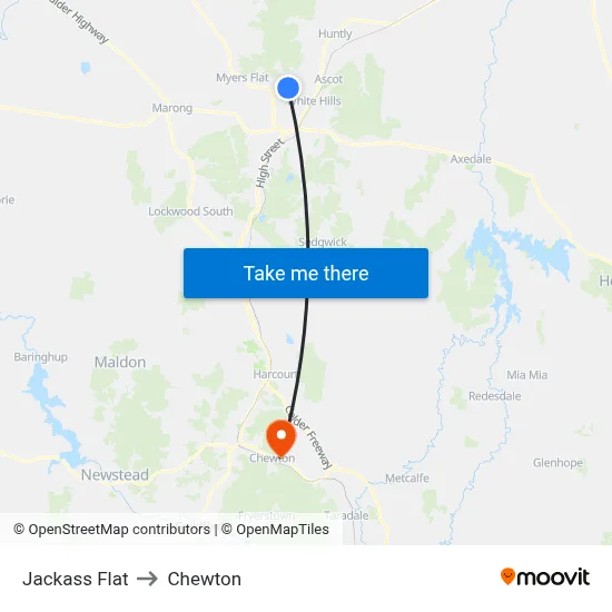 Jackass Flat to Chewton map