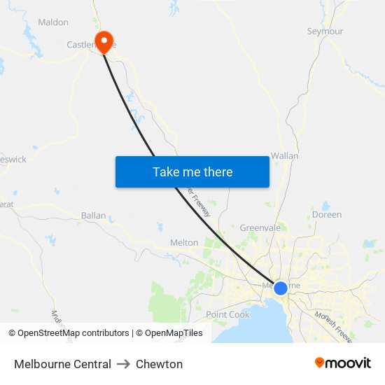 Melbourne Central to Chewton map