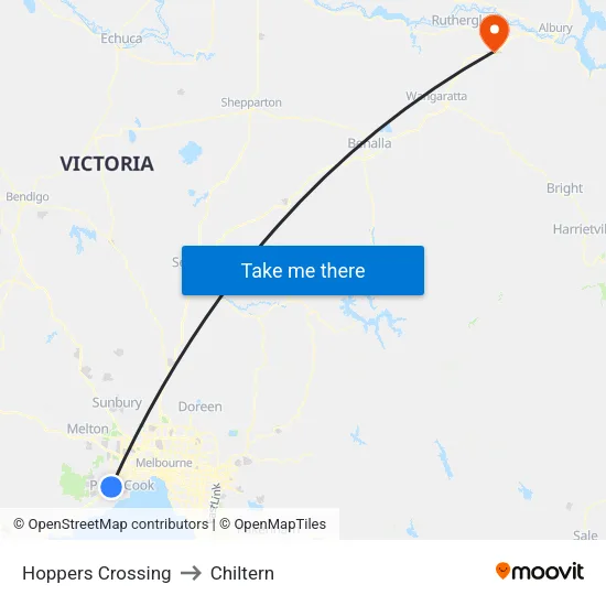 Hoppers Crossing to Chiltern map