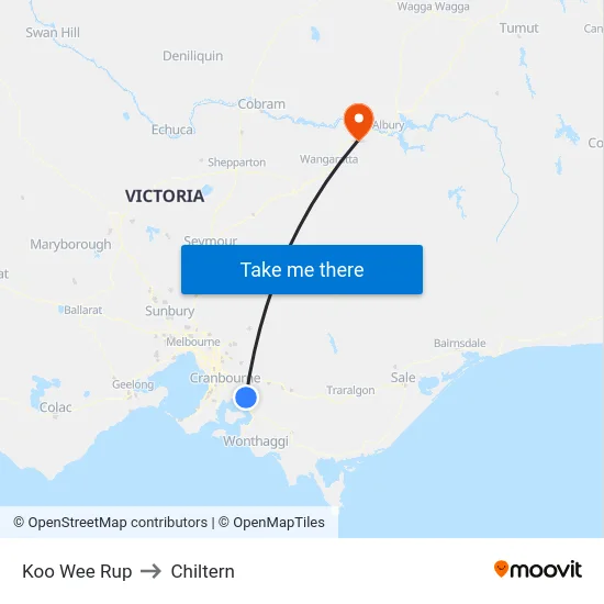 Koo Wee Rup to Chiltern map