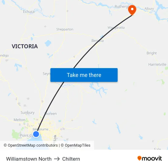 Williamstown North to Chiltern map