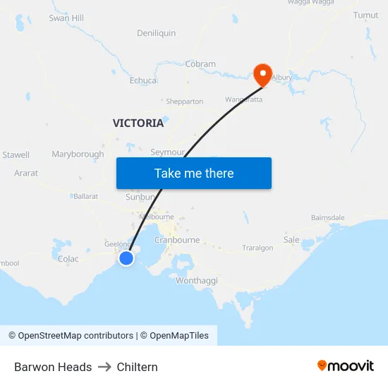 Barwon Heads to Chiltern map