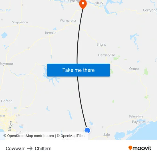 Cowwarr to Chiltern map
