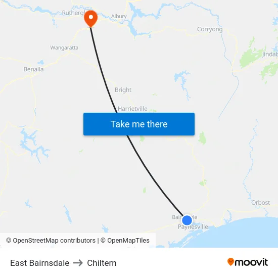 East Bairnsdale to Chiltern map