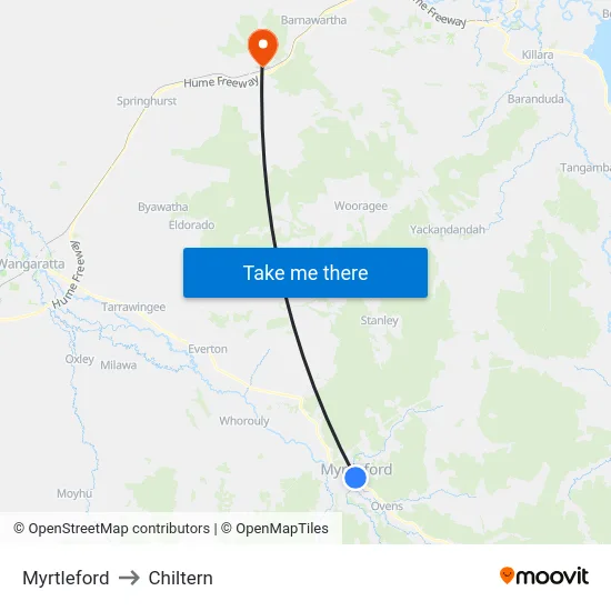 Myrtleford to Chiltern map