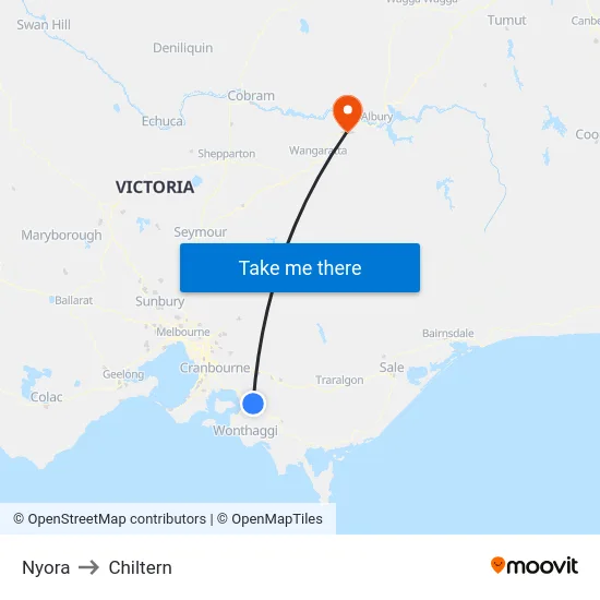 Nyora to Chiltern map