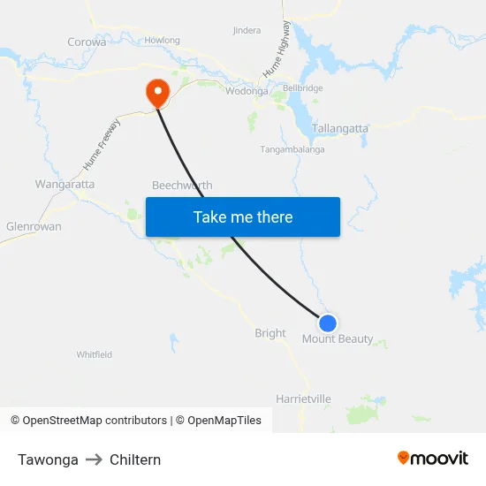 Tawonga to Chiltern map