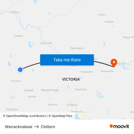 Warracknabeal to Chiltern map